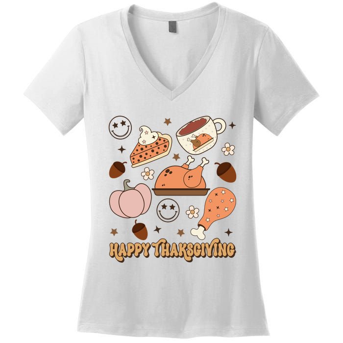 Happy Thanksgiving Groovy Family Thanksgiving Matching Outfits Women's V-Neck T-Shirt