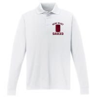 Here To Get Sauced Funny Cranberry Sauce Thanksgiving Food Performance Long Sleeve Polo