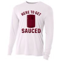 Here To Get Sauced Funny Cranberry Sauce Thanksgiving Food Cooling Performance Long Sleeve Crew