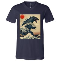 Hokusai The Great Kaiju Off Kanagawa Vintage Japanese Art V-Neck T-Shirt