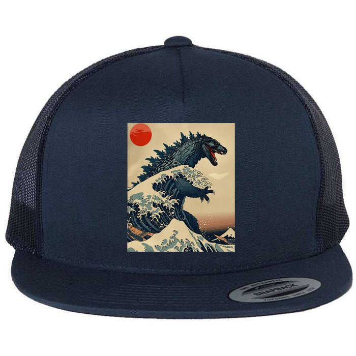 Hokusai The Great Kaiju Off Kanagawa Vintage Japanese Art Flat Bill Trucker Hat