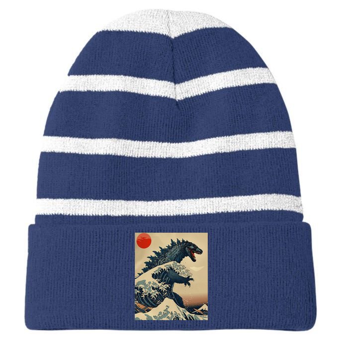 Hokusai The Great Kaiju Off Kanagawa Vintage Japanese Art Striped Beanie with Solid Band