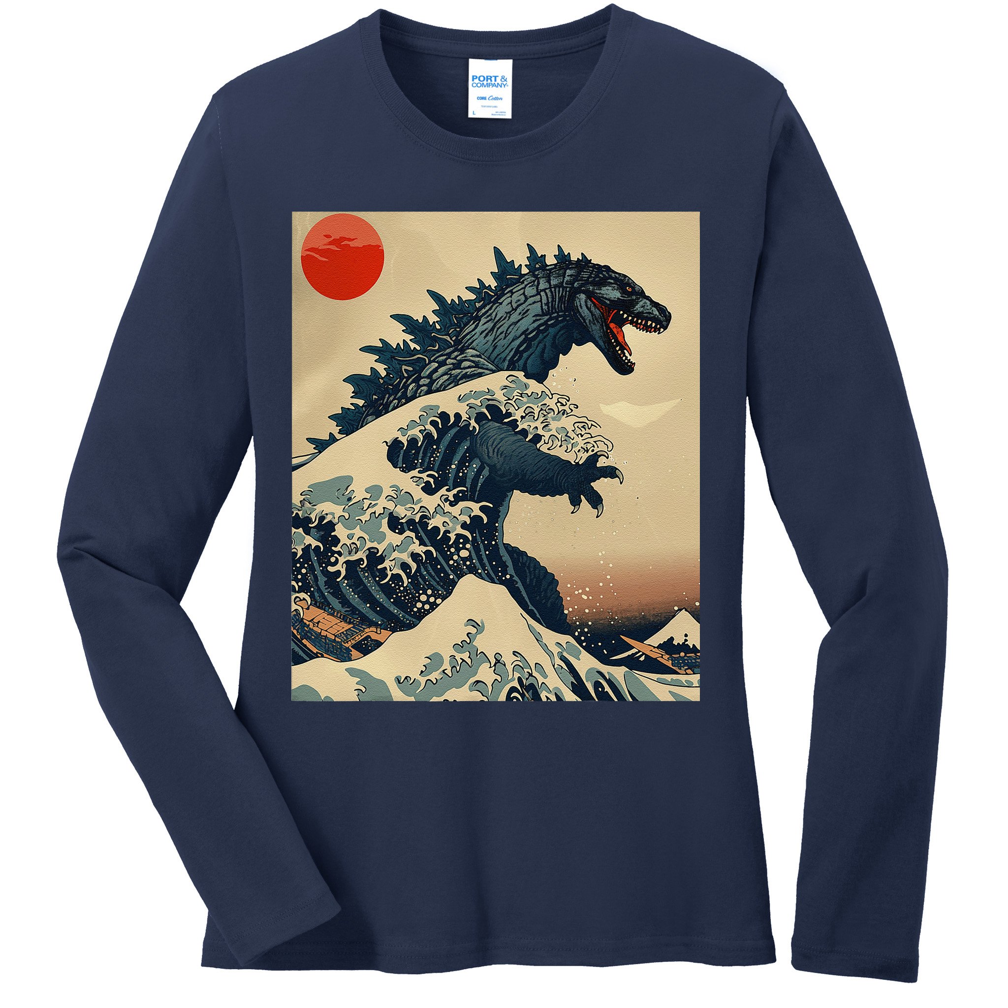 Hokusai The Great Kaiju Off Kanagawa Vintage Japanese Art Ladies Long Sleeve Shirt