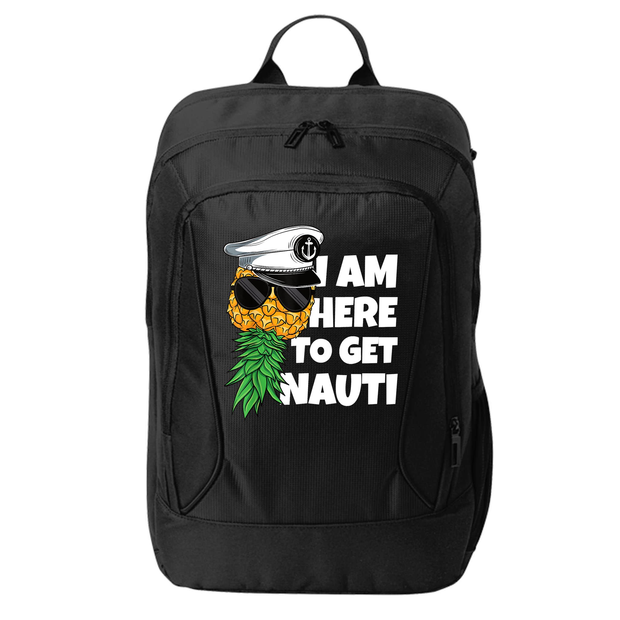 Here To Get Nauti Cruise Boat Upside Down Pineapple Swinger City Backpack
