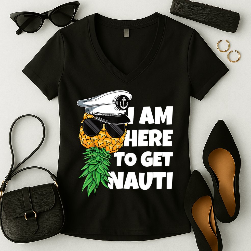 Here To Get Nauti Cruise Boat Upside Down Pineapple Swinger Women's V-Neck T-Shirt