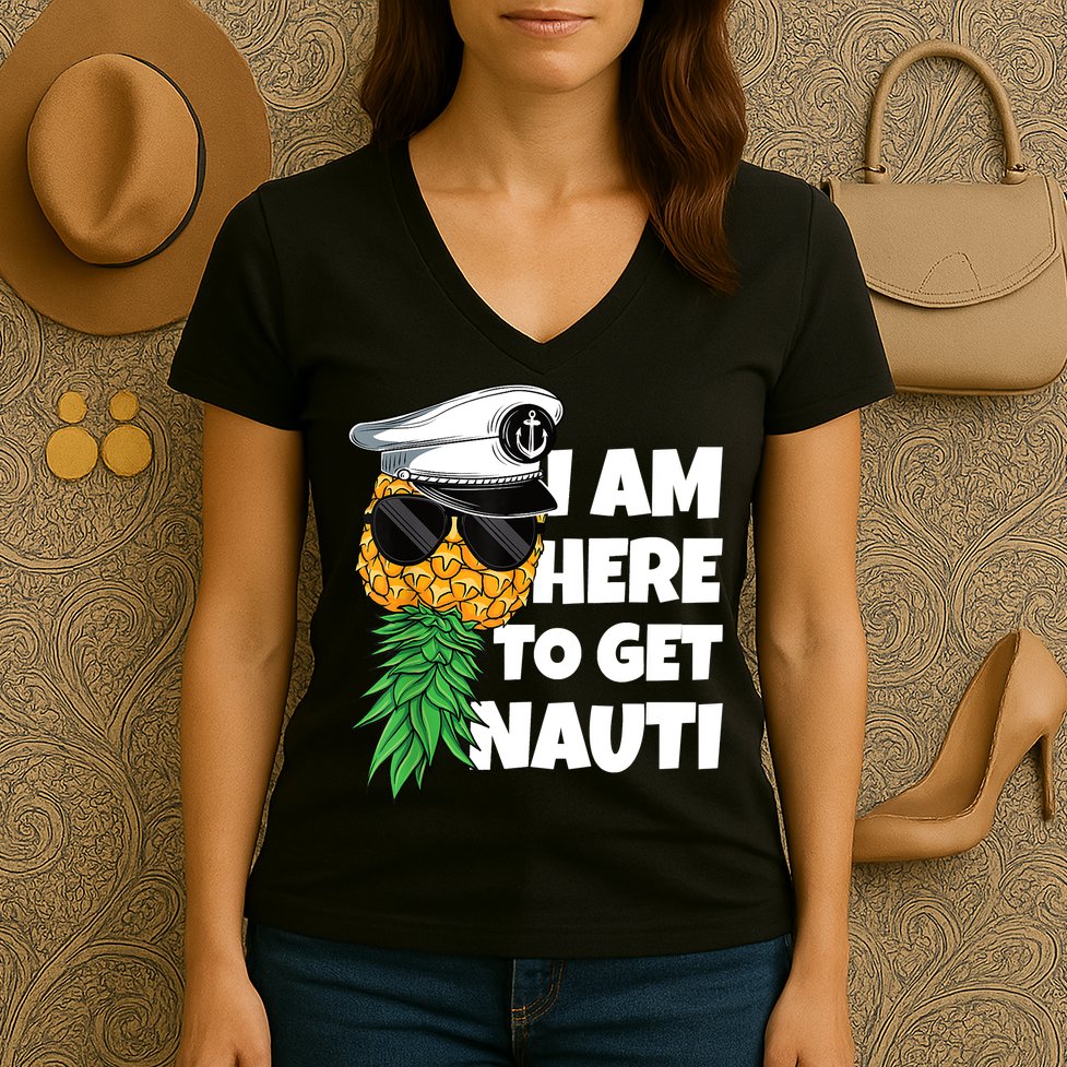 Here To Get Nauti Cruise Boat Upside Down Pineapple Swinger Women's V-Neck T-Shirt