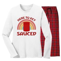 Here To Get Sauced Funny Cranberry Sauce Thanksgiving Food Women's Long Sleeve Flannel Pajama Set 