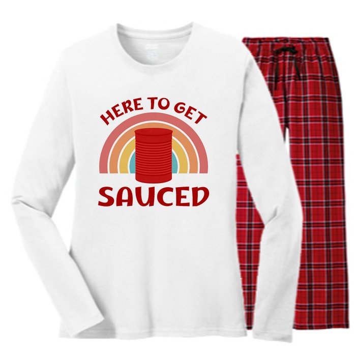 Here To Get Sauced Funny Cranberry Sauce Thanksgiving Food Women's Long Sleeve Flannel Pajama Set 