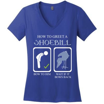 How To Greet A Shoebill Stork African Bird Lover Funny Gift Women's V-Neck T-Shirt