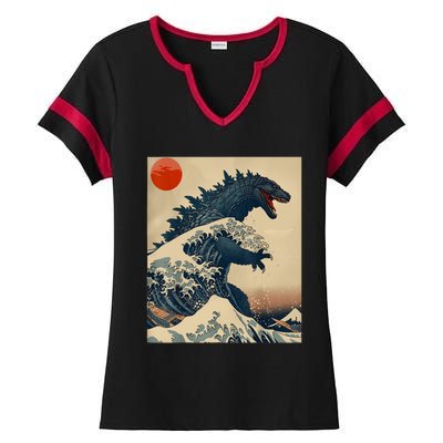 Hokusai The Great Kaiju Off Kanagawa Vintage Japanese Art Ladies Halftime Notch Neck Tee