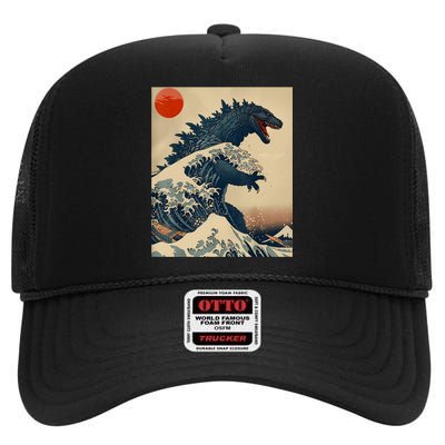 Hokusai The Great Kaiju Off Kanagawa Vintage Japanese Art High Crown Mesh Back Trucker Hat