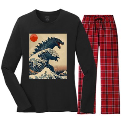 Hokusai The Great Kaiju Off Kanagawa Vintage Japanese Art Women's Long Sleeve Flannel Pajama Set 