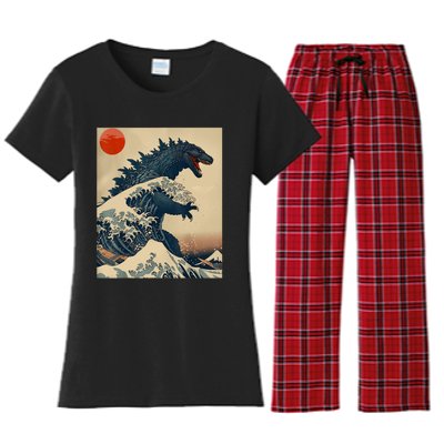 Hokusai The Great Kaiju Off Kanagawa Vintage Japanese Art Women's Flannel Pajama Set