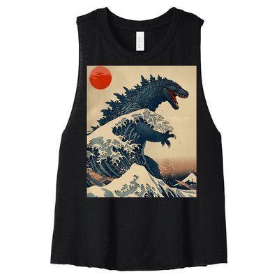 Hokusai The Great Kaiju Off Kanagawa Vintage Japanese Art Women's Racerback Cropped Tank