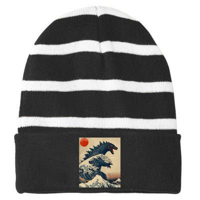 Hokusai The Great Kaiju Off Kanagawa Vintage Japanese Art Striped Beanie with Solid Band