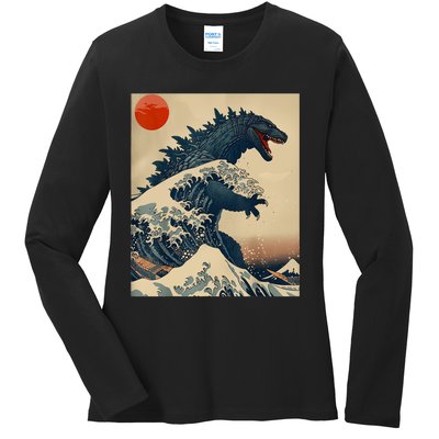 Hokusai The Great Kaiju Off Kanagawa Vintage Japanese Art Ladies Long Sleeve Shirt