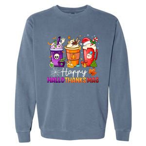 Halloween Thanksgiving Happy Hallothanksmas Coffee Latte Gift Garment-Dyed Sweatshirt