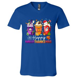 Halloween Thanksgiving Happy Hallothanksmas Coffee Latte Gift V-Neck T-Shirt