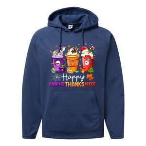 Halloween Thanksgiving Happy Hallothanksmas Coffee Latte Gift Performance Fleece Hoodie