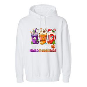 Halloween Thanksgiving Happy Hallothanksmas Coffee Latte Gift Garment-Dyed Fleece Hoodie