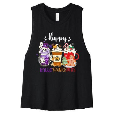 Halloween Thanksgiving Happy HalloThanksMas Coffee Latte Women's Racerback Cropped Tank