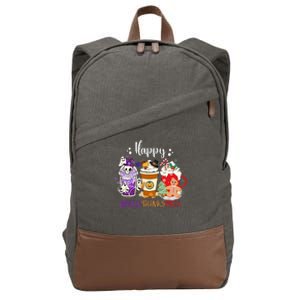 Halloween Thanksgiving Happy HalloThanksMas Coffee Latte Cotton Canvas Backpack