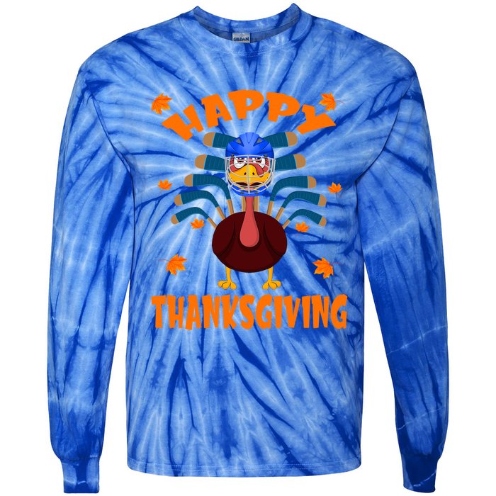 Happy Thanksgiving Hockey Lover Turkey Playing Hockey Gift Tie-Dye Long Sleeve Shirt