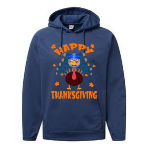 Happy Thanksgiving Hockey Lover Turkey Playing Hockey Gift Performance Fleece Hoodie