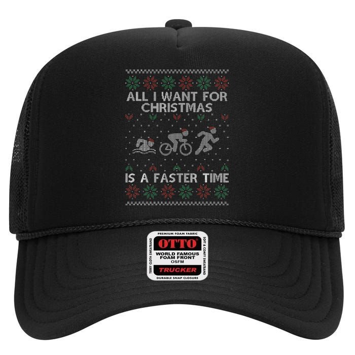 Hilarious Triathlon Holiday Sweater for Triathlete Celebration High Crown Mesh Back Trucker Hat