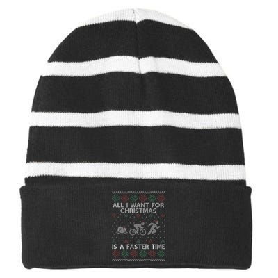 Hilarious Triathlon Holiday Sweater for Triathlete Celebration Striped Beanie with Solid Band