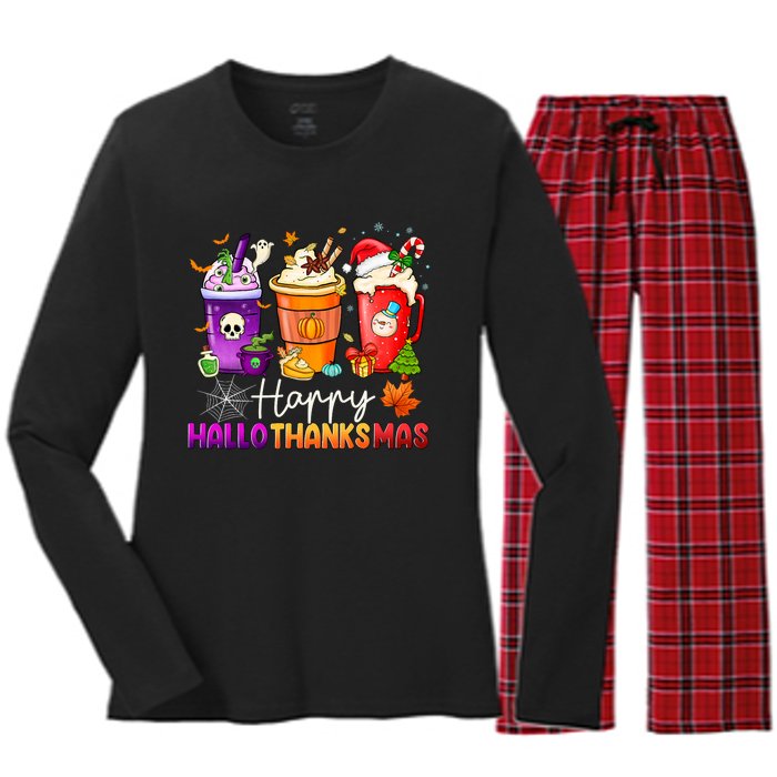 Halloween Thanksgiving Happy Hallothanksmas Coffee Latte Women's Long Sleeve Flannel Pajama Set 