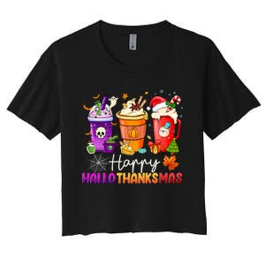 Halloween Thanksgiving Happy Hallothanksmas Coffee Latte Women's Crop Top Tee