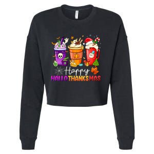 Halloween Thanksgiving Happy Hallothanksmas Coffee Latte Cropped Pullover Crew