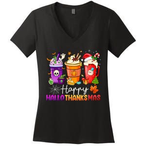 Halloween Thanksgiving Happy Hallothanksmas Coffee Latte Women's V-Neck T-Shirt