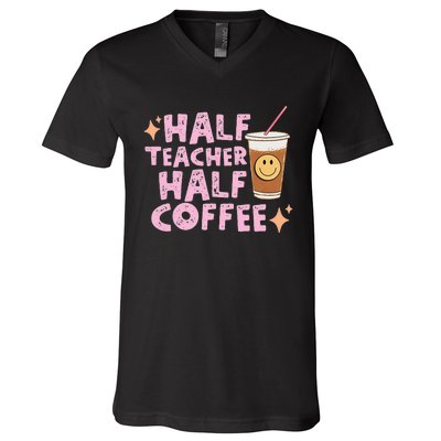 Half Teacher Half Coffee Groovy Teacher's Day V-Neck T-Shirt