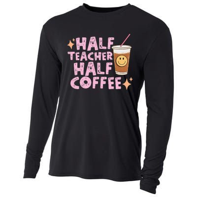 Half Teacher Half Coffee Groovy Teacher's Day Cooling Performance Long Sleeve Crew