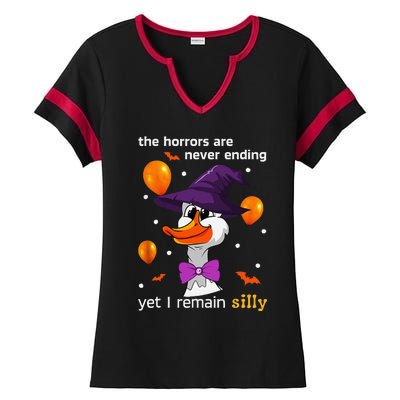 Halloween The Horrors Are Never Ending Yet I Remain Silly Ladies Halftime Notch Neck Tee