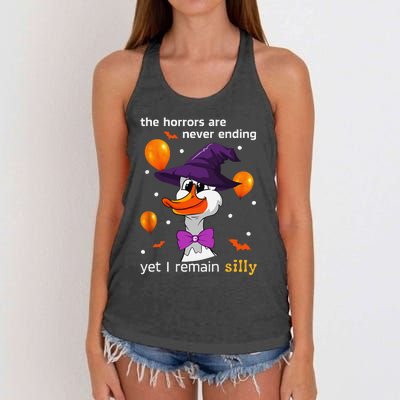 Halloween The Horrors Are Never Ending Yet I Remain Silly Women's Knotted Racerback Tank