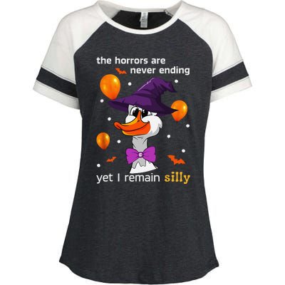 Halloween The Horrors Are Never Ending Yet I Remain Silly Enza Ladies Jersey Colorblock Tee