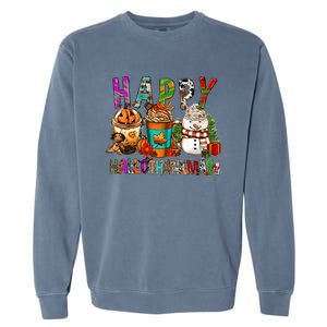 Halloween Thanksgiving Happy Hallothanksmas Coffee Latte Gift Garment-Dyed Sweatshirt