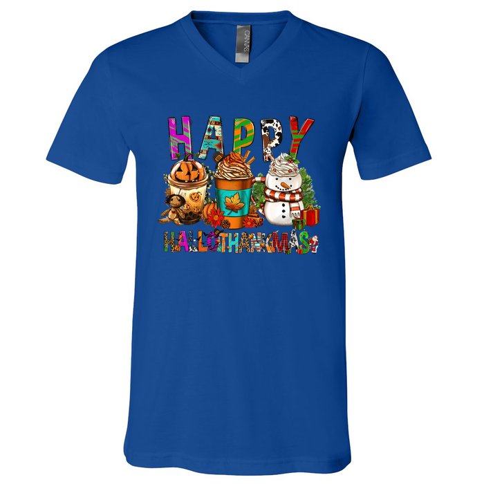 Halloween Thanksgiving Happy Hallothanksmas Coffee Latte Gift V-Neck T-Shirt