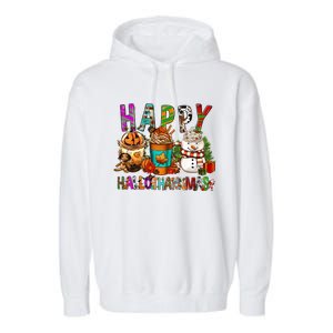 Halloween Thanksgiving Happy Hallothanksmas Coffee Latte Gift Garment-Dyed Fleece Hoodie