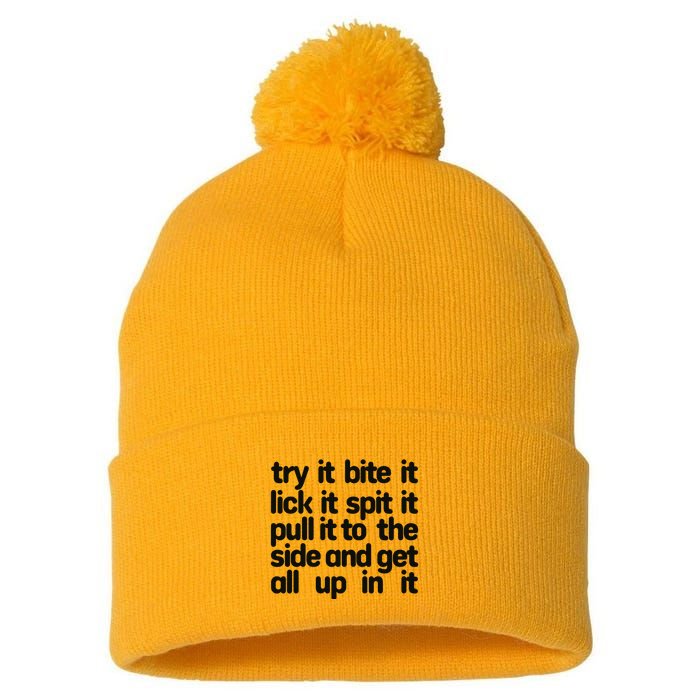 Hard222soft Try It Bite It Lick It Spit It Pull It To The Side And Get All Up In Pom Pom 12in Knit Beanie