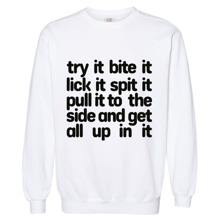 Hard222soft Try It Bite It Lick It Spit It Pull It To The Side And Get All Up In Garment-Dyed Sweatshirt