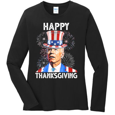 Happy Thanksgiving Joe Biden Firework Patriotic 4th Of July Ladies Long Sleeve Shirt