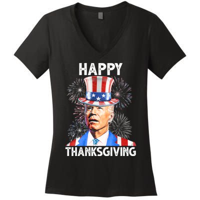 Happy Thanksgiving Joe Biden Firework Patriotic 4th Of July Women's V-Neck T-Shirt