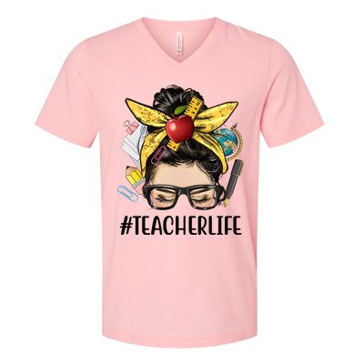Hashtag Teacher Life Hair Bun Gift For Teacher V-Neck T-Shirt