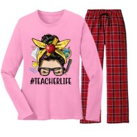 Hashtag Teacher Life Hair Bun Gift For Teacher Women's Long Sleeve Flannel Pajama Set 