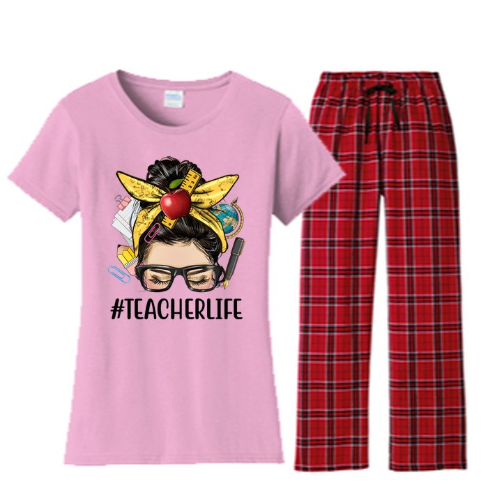 Hashtag Teacher Life Hair Bun Gift For Teacher Women's Flannel Pajama Set