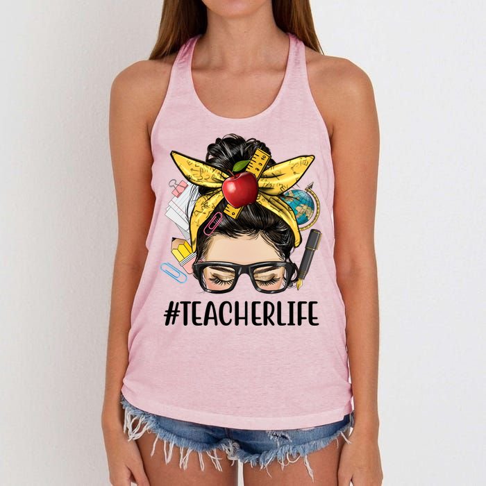 Hashtag Teacher Life Hair Bun Gift For Teacher Women's Knotted Racerback Tank